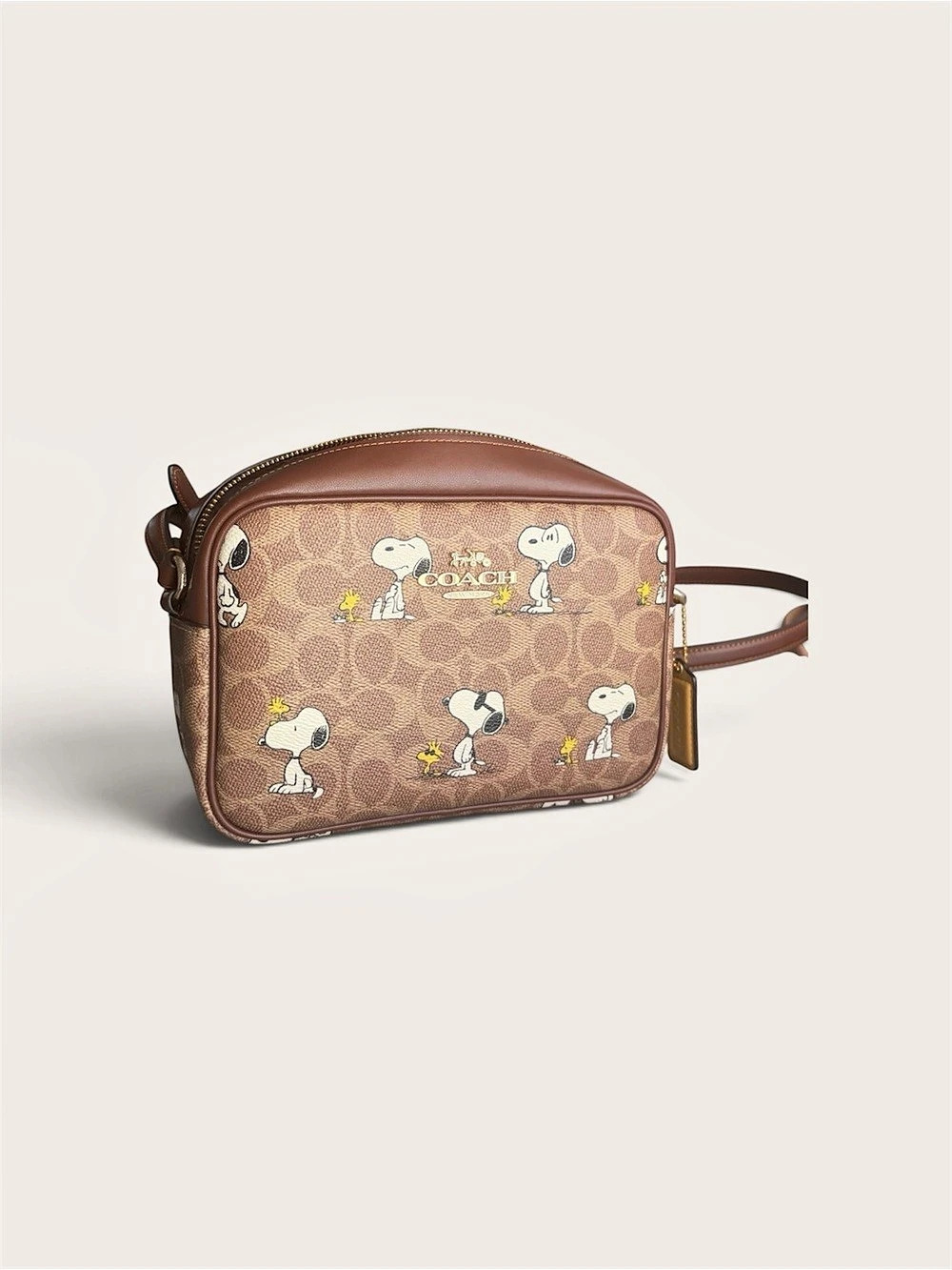 Coach X Peanuts Mini Jamie Camera Bag In Signature Canvas With Snoopy Woodstock